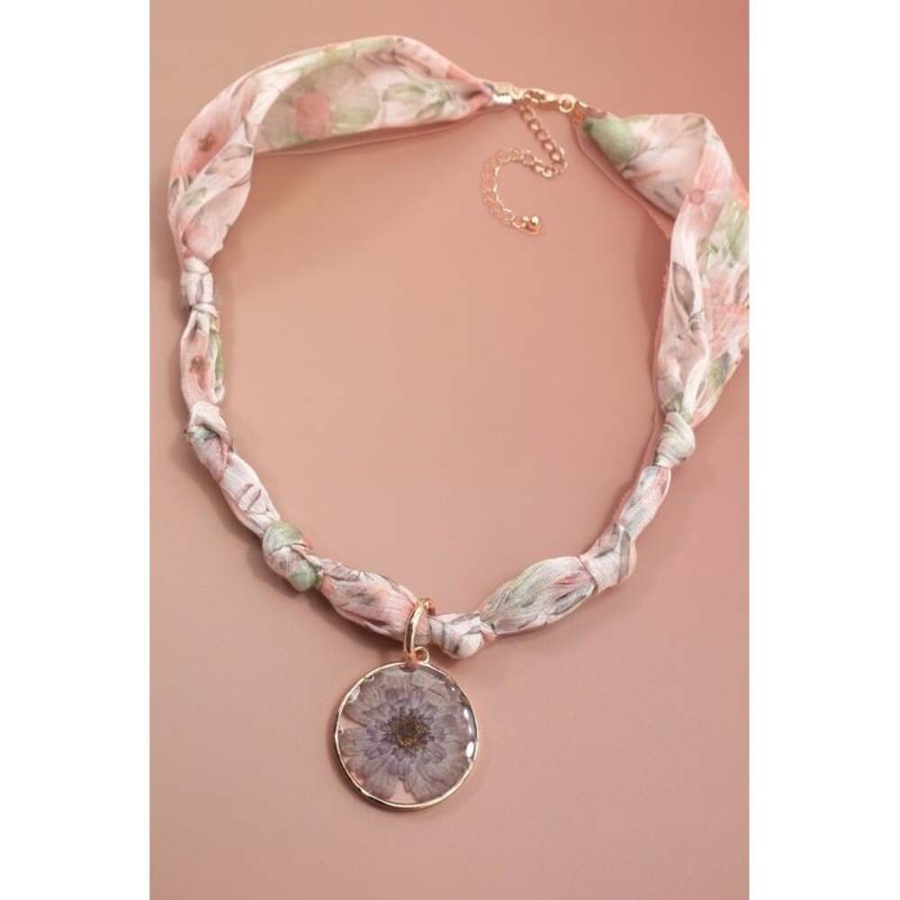 Pink Floral Chiffon Ribbon Cord Necklace Pressed Purple Flower Pendant Gold Tone